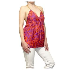 MILLY 100% Silk Red/Purple Print Chain Strap Halter Top Sz 2 $295